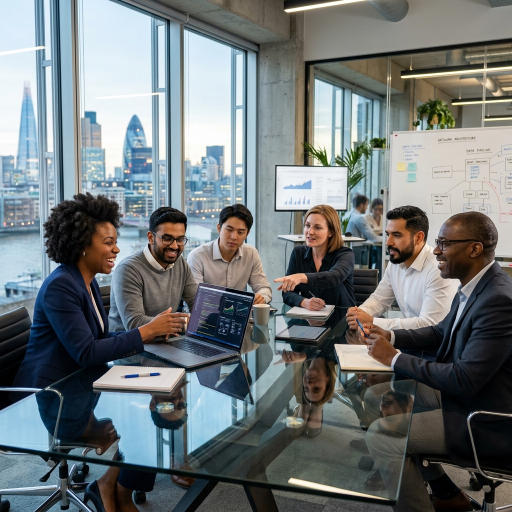 Team of IT experts collaborating on a project in a modern office