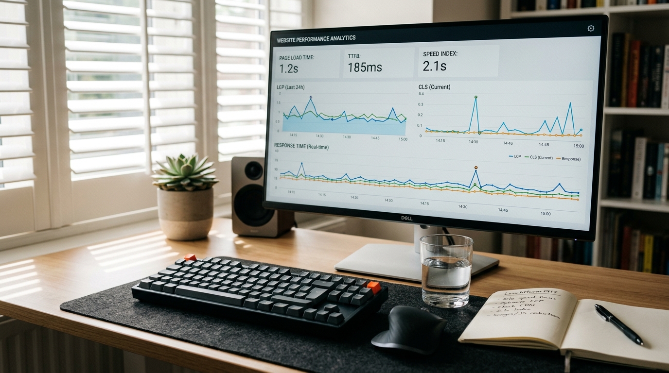 Desktop monitor displaying real-time website performance and Core Web Vitals speed analytics on an agency desk