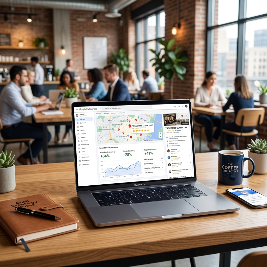 Laptop displaying local SEO analytics and Google My Business reviews